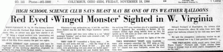Manchete de 18/11/1966 de jornal de Ohio: "'Mosntro alado' de olhos vermelhos visto na Virgínia Ocidental" (Foto: Mothmen.us)