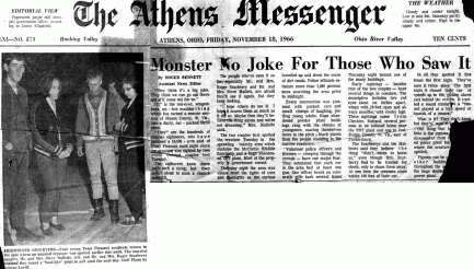 Machete de 18/11/1966 do The Athens Messenger: "Monstro não é piada para aqueles que o viram"; na foto os casais Scarberry e Mallette (Foto: Mothmen.us)